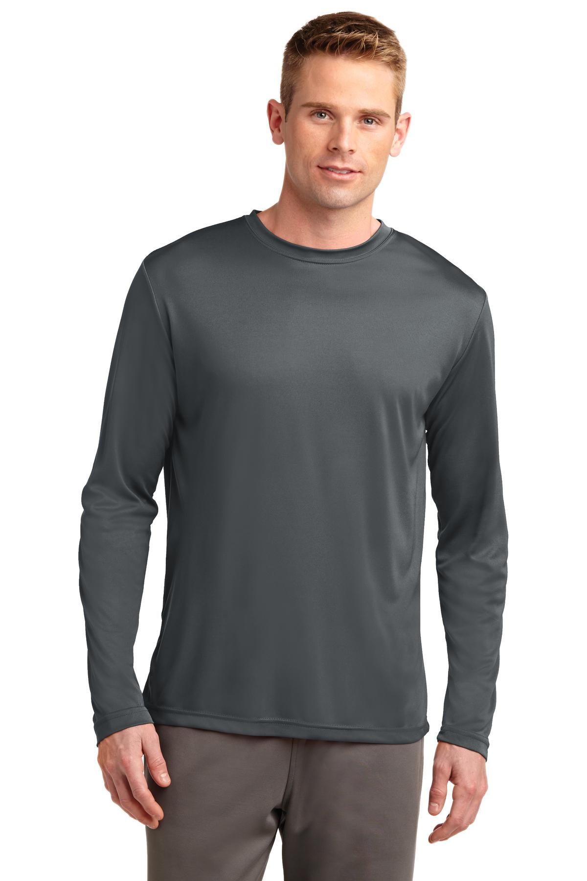 Front View of Iron Grey Sport-Tek Tall Long Sleeve PosiCharge Competitor Tee. TST350LS plain