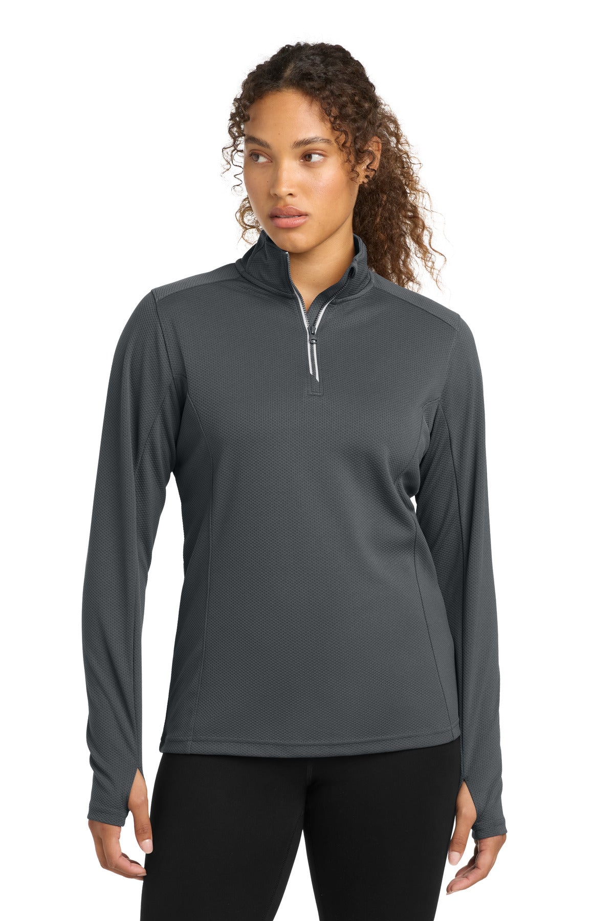 Front View of Iron Grey Sport-Tek Women's Sport-Wick Textured 1/4-Zip Pullover. LST860 plain