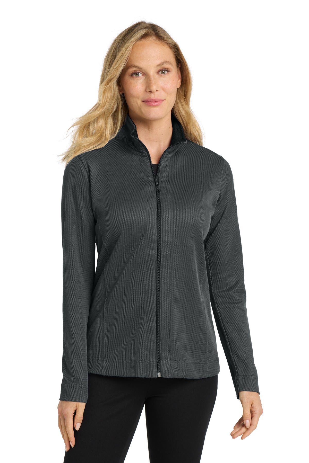 Front View of Iron Grey/Blk Port Authority Women's Vertical Texture Full-Zip Jacket. L805 plain