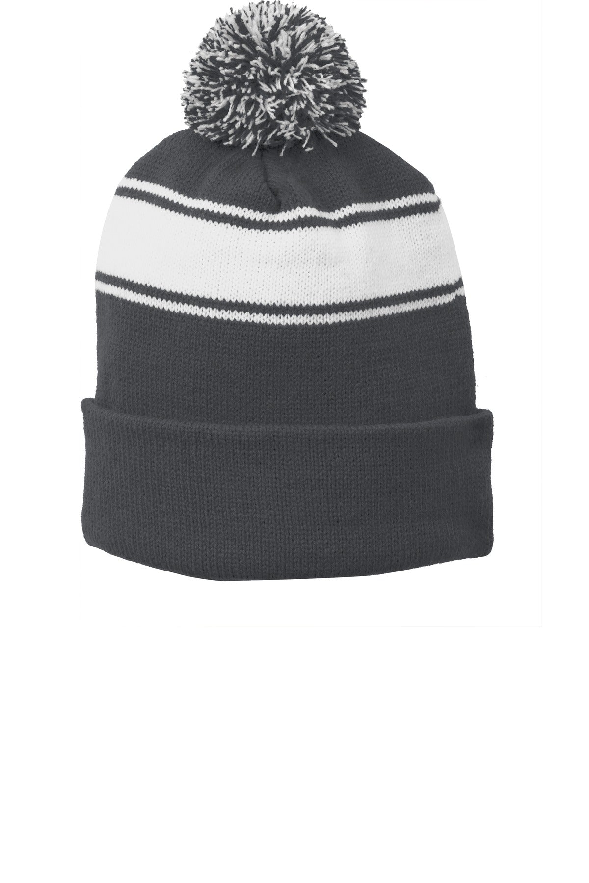 Front View of Iron Grey/Wht Sport-Tek Stripe Pom Pom Beanie. STC28 plain