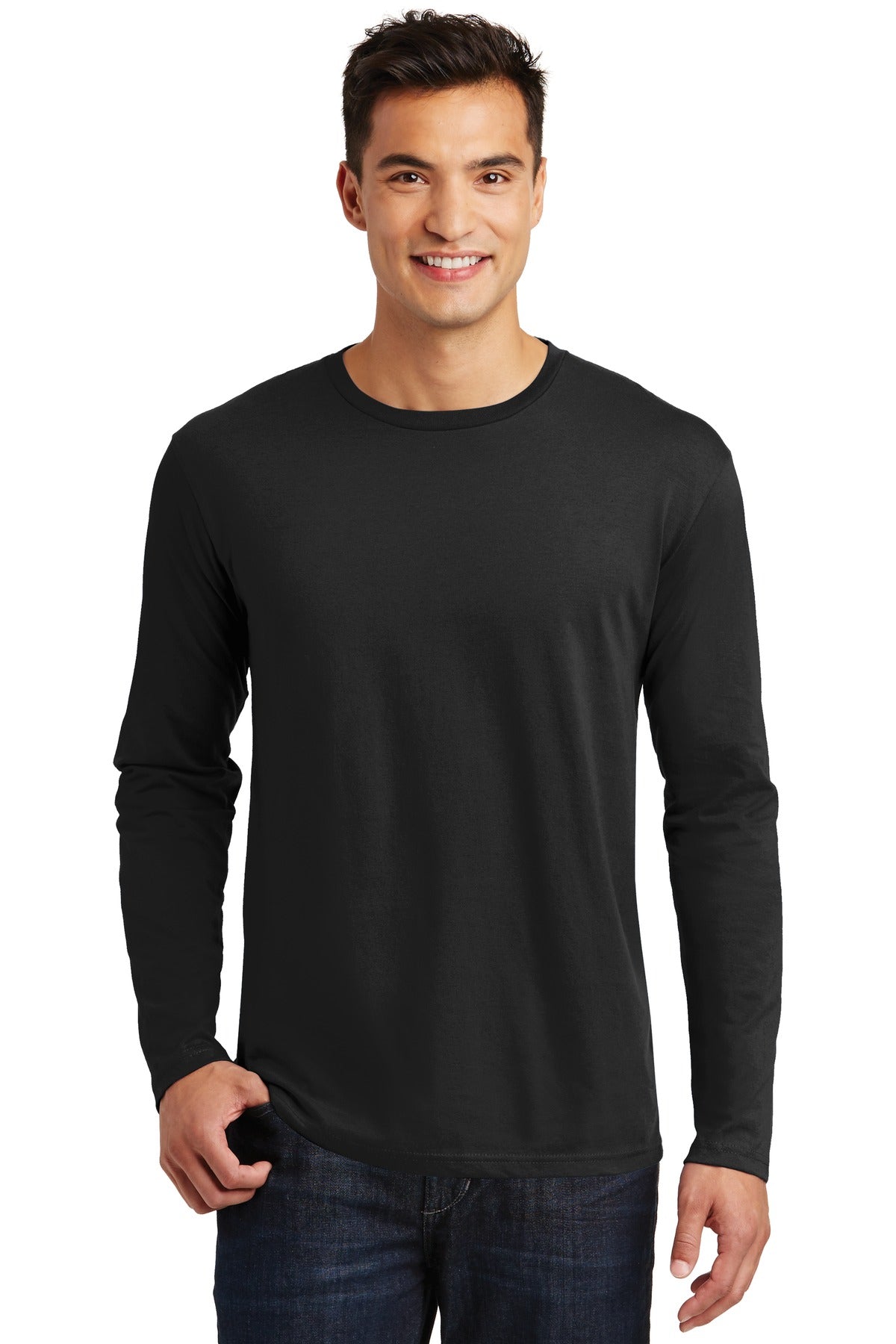 Front View of Jet Black District Perfect Weight Long Sleeve Tee. DT105 plain