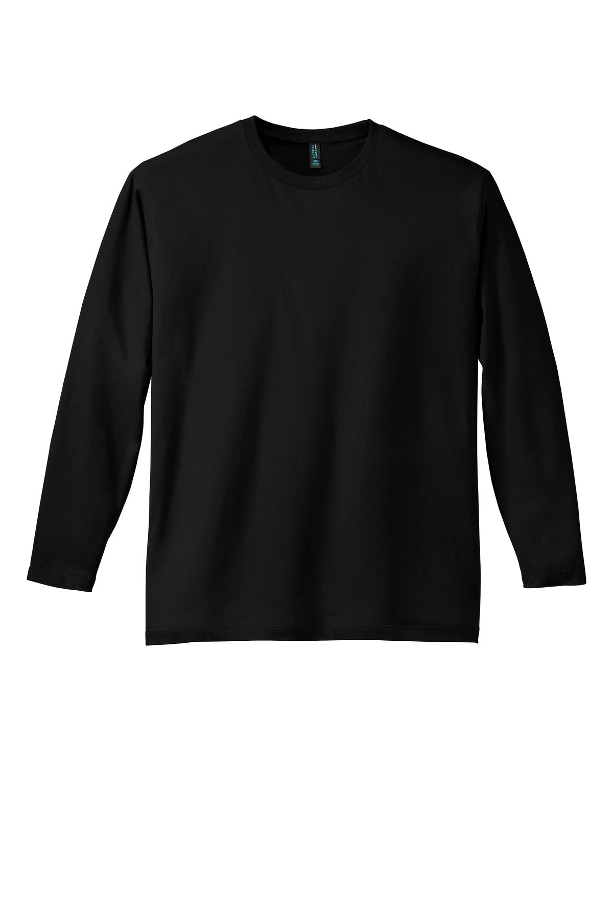 Front View of Jet Black District Perfect Weight Long Sleeve Tee. DT105 plain