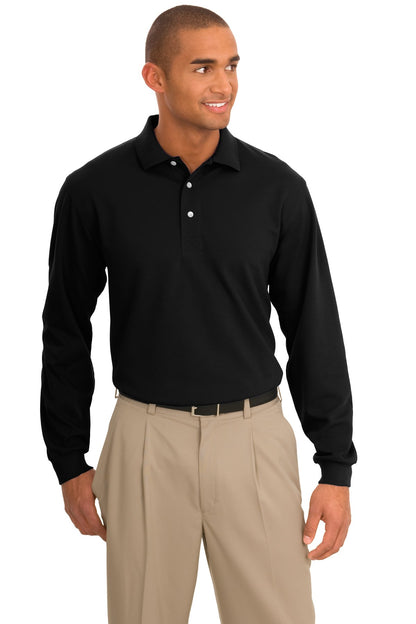 Front View of Jet Black Port Authority Rapid Dry Long Sleeve Polo. K455LS plain