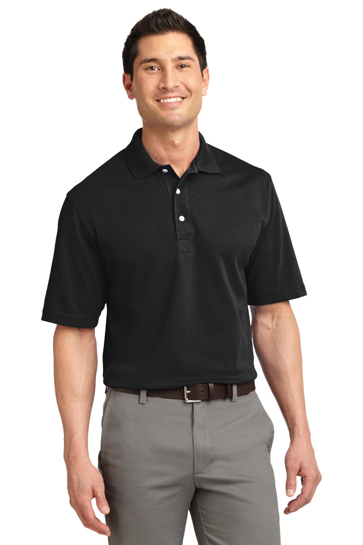 Front View of Jet Black Port Authority Tall Rapid Dry Polo. TLK455 plain