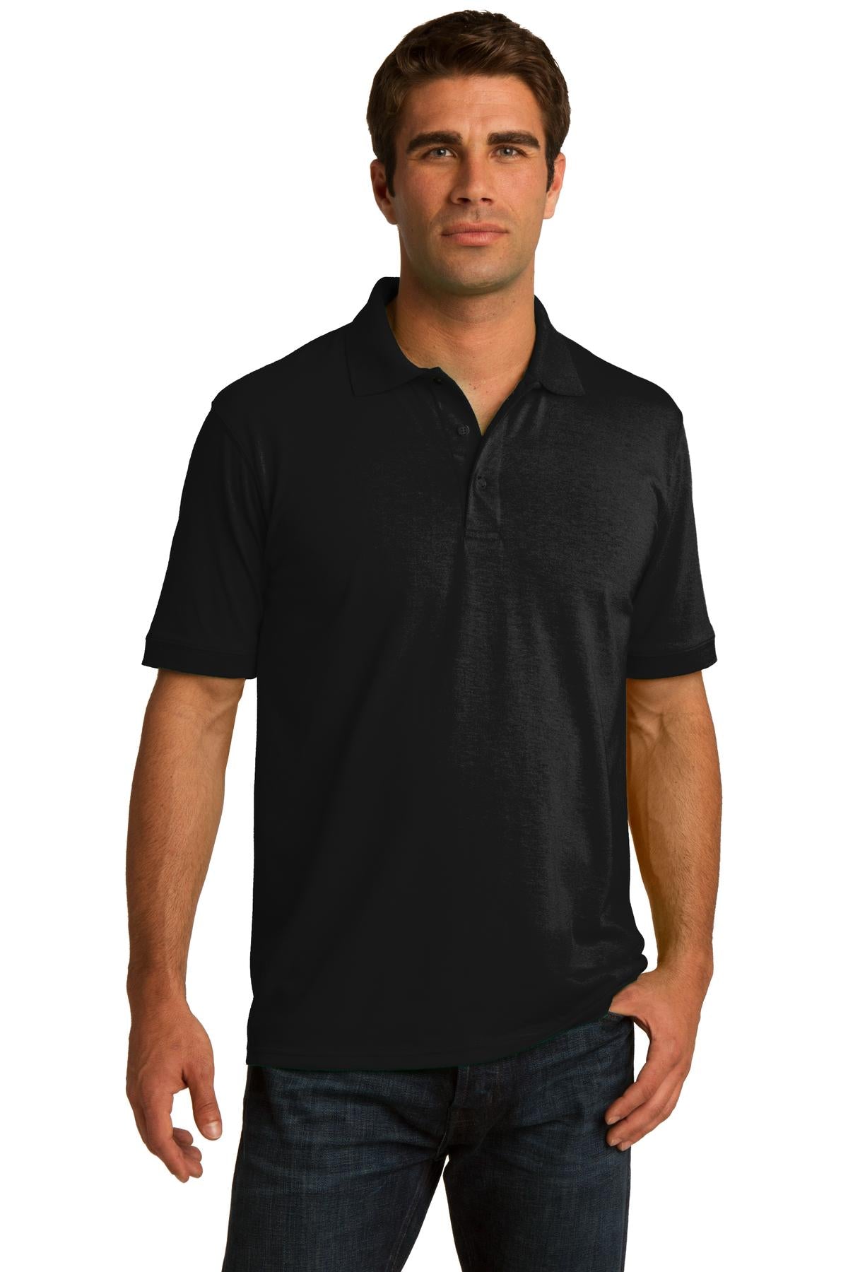 Front View of Jet Black Port & Co Core Blend Jersey Knit Polo. KP55 plain