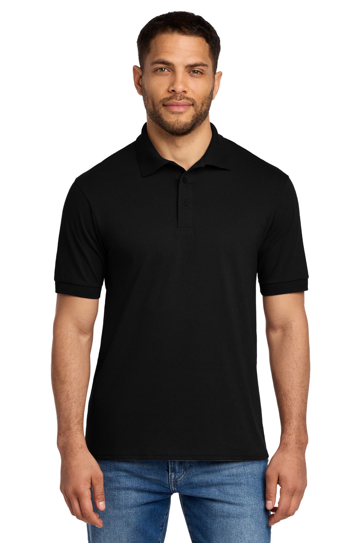 Front View of Jet Black Port & Co Core Blend Jersey Knit Polo. KP55 plain