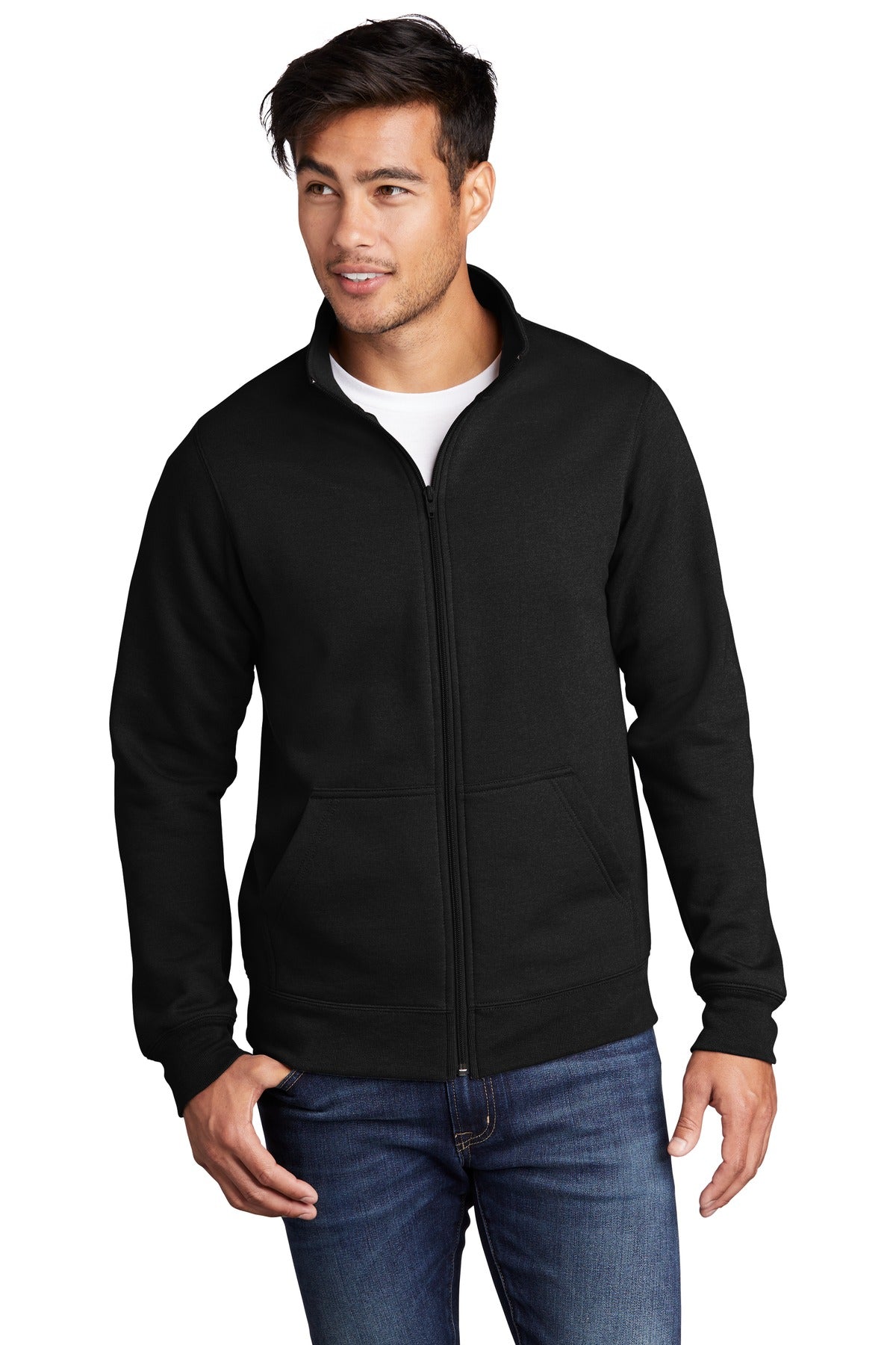 Front View of Jet Black Port & Co Core Fleece Cadet Full-Zip Sweatshirt PC78FZ plain