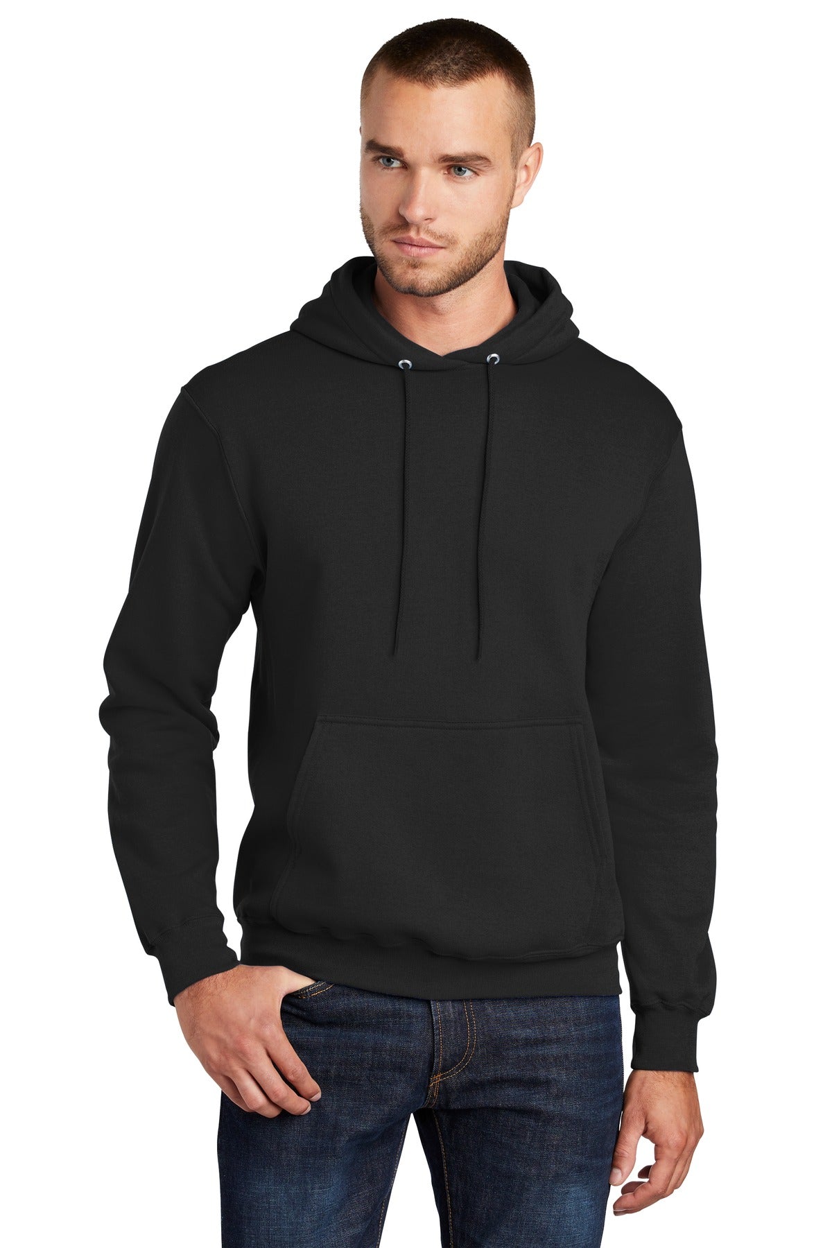 Front View of Jet Black Port & Co Core Fleece Pullover Hooded Sweatshirt. PC78H plain
