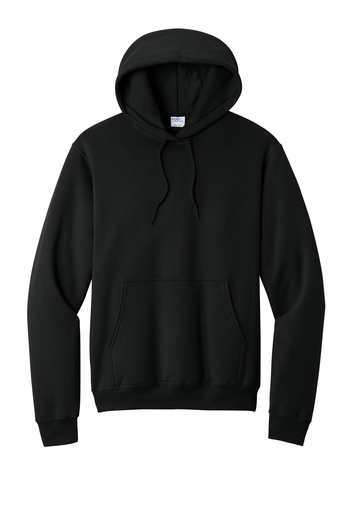 Front View of Jet Black Port & Co Core Fleece Pullover Hooded Sweatshirt. PC78H plain