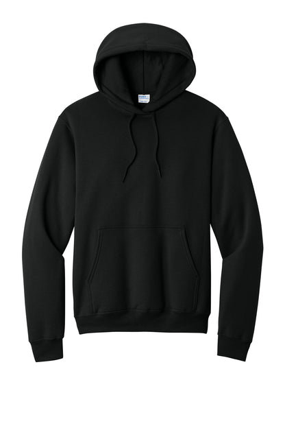 Front View of Jet Black Port & Co Core Fleece Pullover Hooded Sweatshirt. PC78H plain