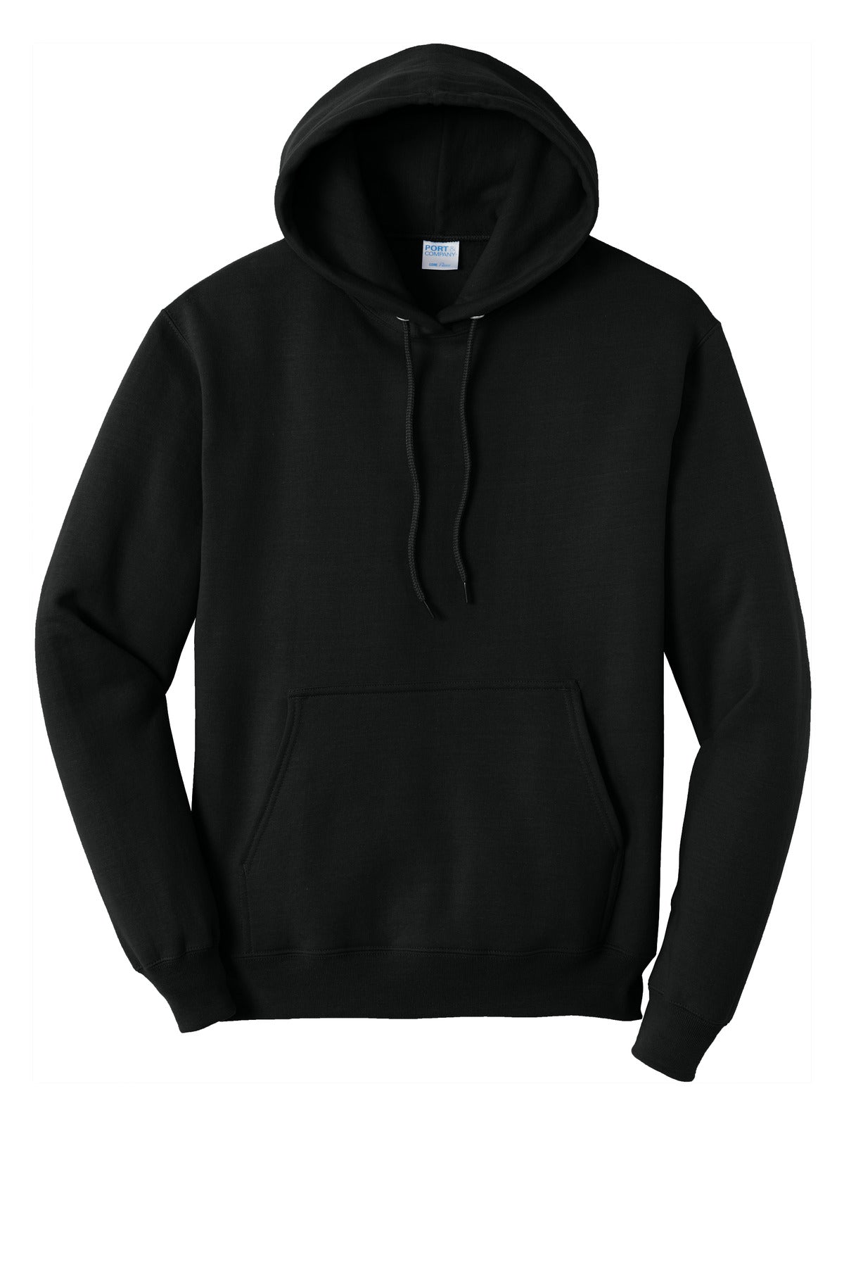 Front View of Jet Black Port & Co Core Fleece Pullover Hooded Sweatshirt. PC78H