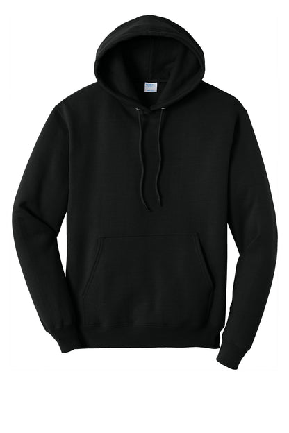 Front View of Jet Black Port & Co Core Fleece Pullover Hooded Sweatshirt. PC78H