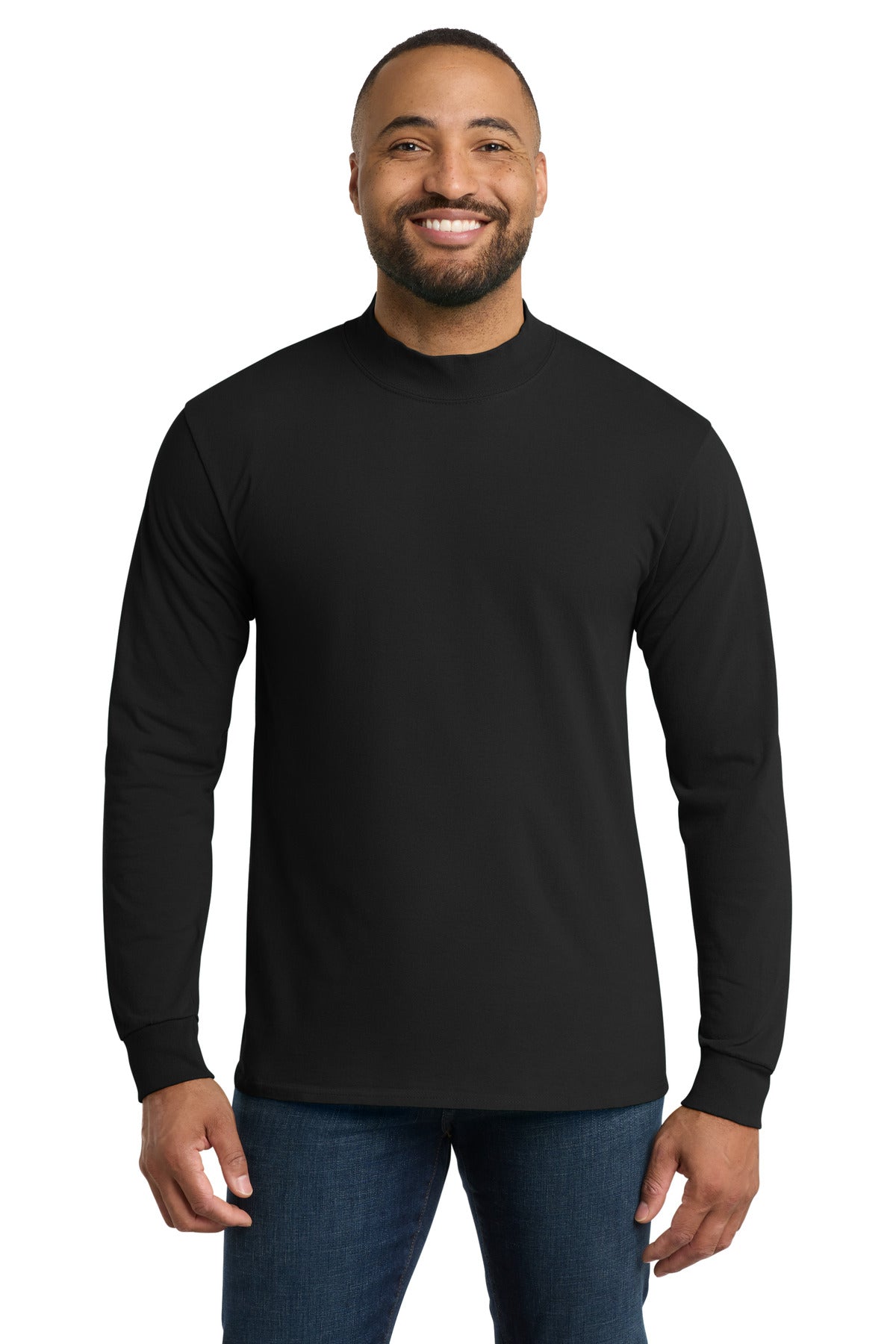 Front View of Jet Black Port & Co Essential Mock Turtleneck. PC61M plain