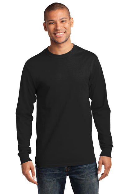 Front View of Jet Black Port & Co Long Sleeve Essential Tee. PC61LS plain