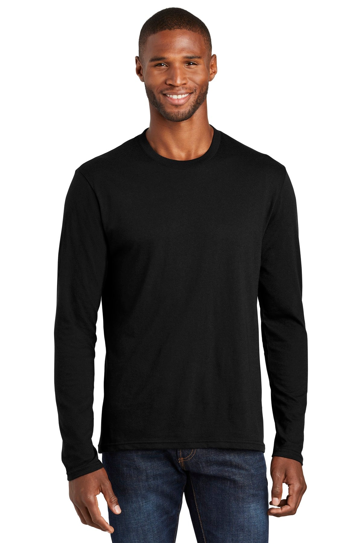 Front View of Jet Black Port & Co Long Sleeve Fan Favorite Blend Tee. PC455LS plain