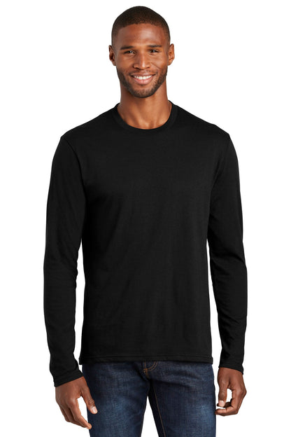 Front View of Jet Black Port & Co Long Sleeve Fan Favorite Blend Tee. PC455LS plain