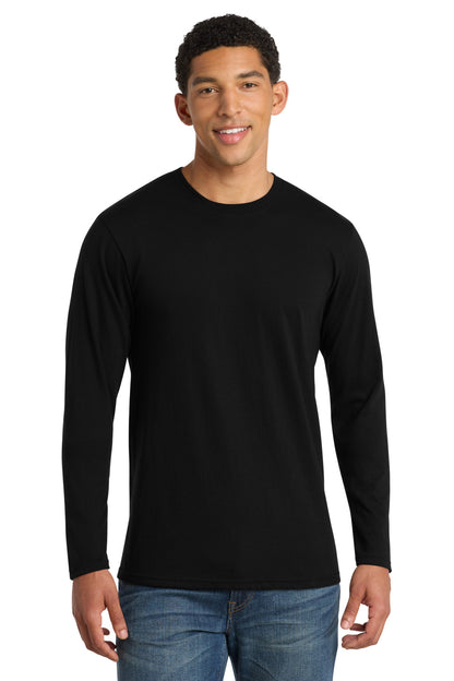 Front View of Jet Black Port & Co Long Sleeve Fan Favorite Blend Tee. PC455LS plain