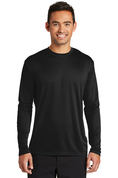 Front View of Jet Black Port & Co Long Sleeve Performance Tee. PC380LS plain