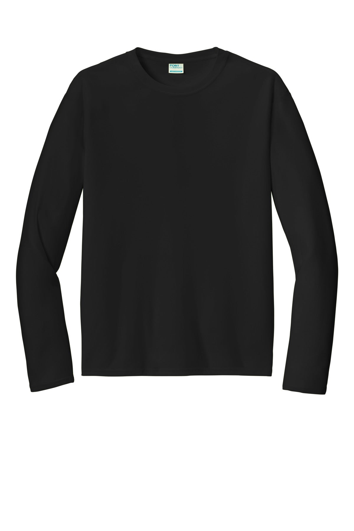 Front View of Jet Black Port & Co Long Sleeve Performance Tee. PC380LS plain