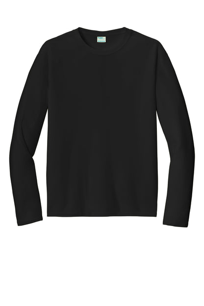 Front View of Jet Black Port & Co Long Sleeve Performance Tee. PC380LS plain