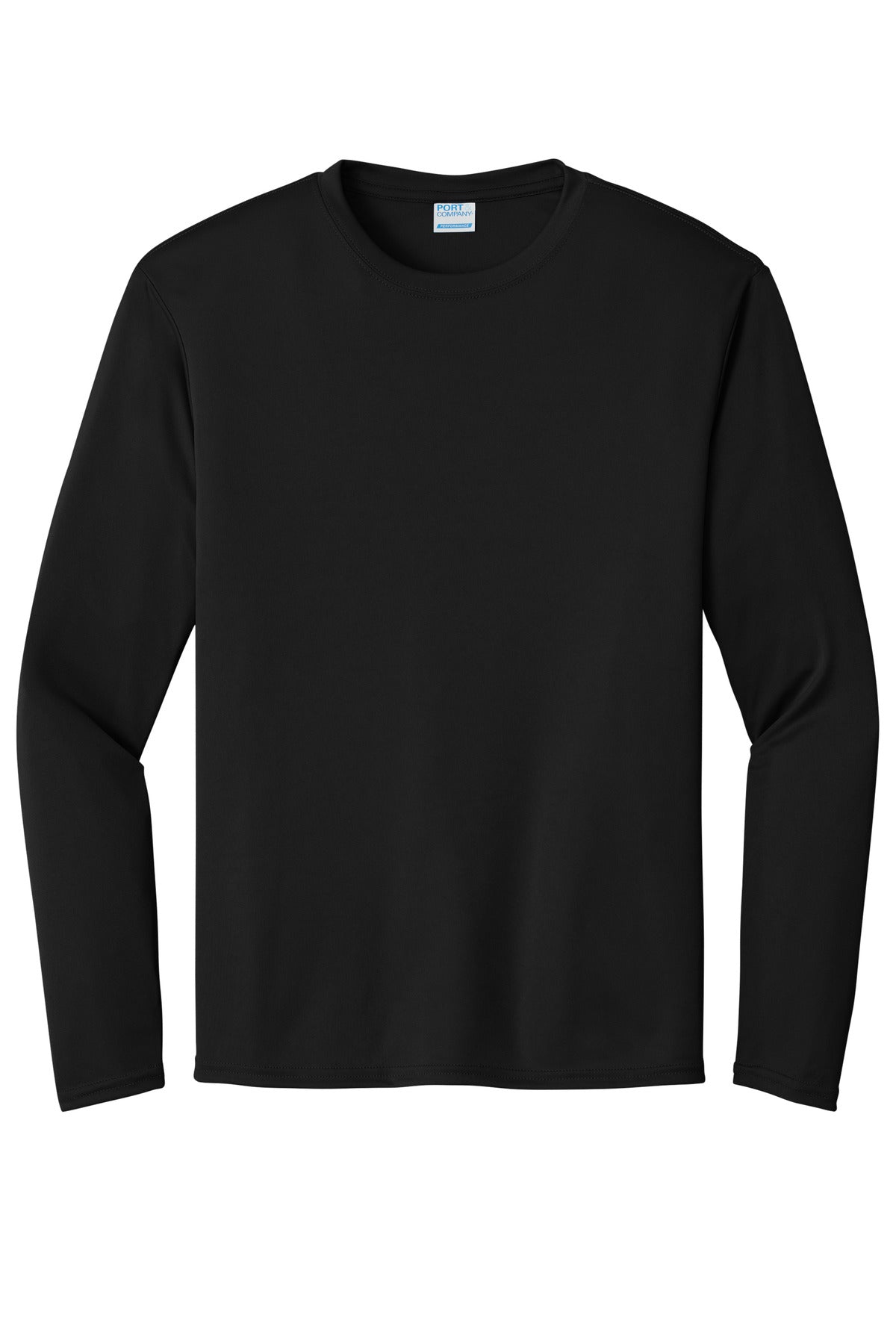 Front View of Jet Black Port & Co Long Sleeve Performance Tee. PC380LS plain