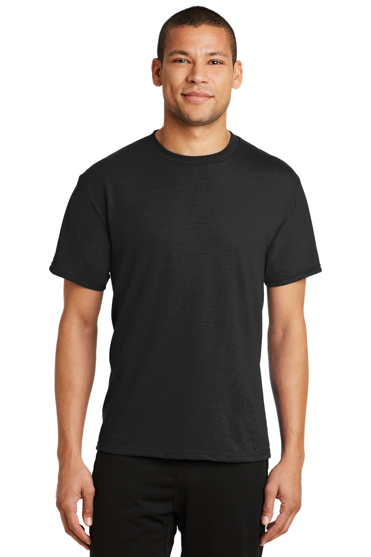 Front View of Jet Black Port & Co Performance Blend Tee. PC381 plain