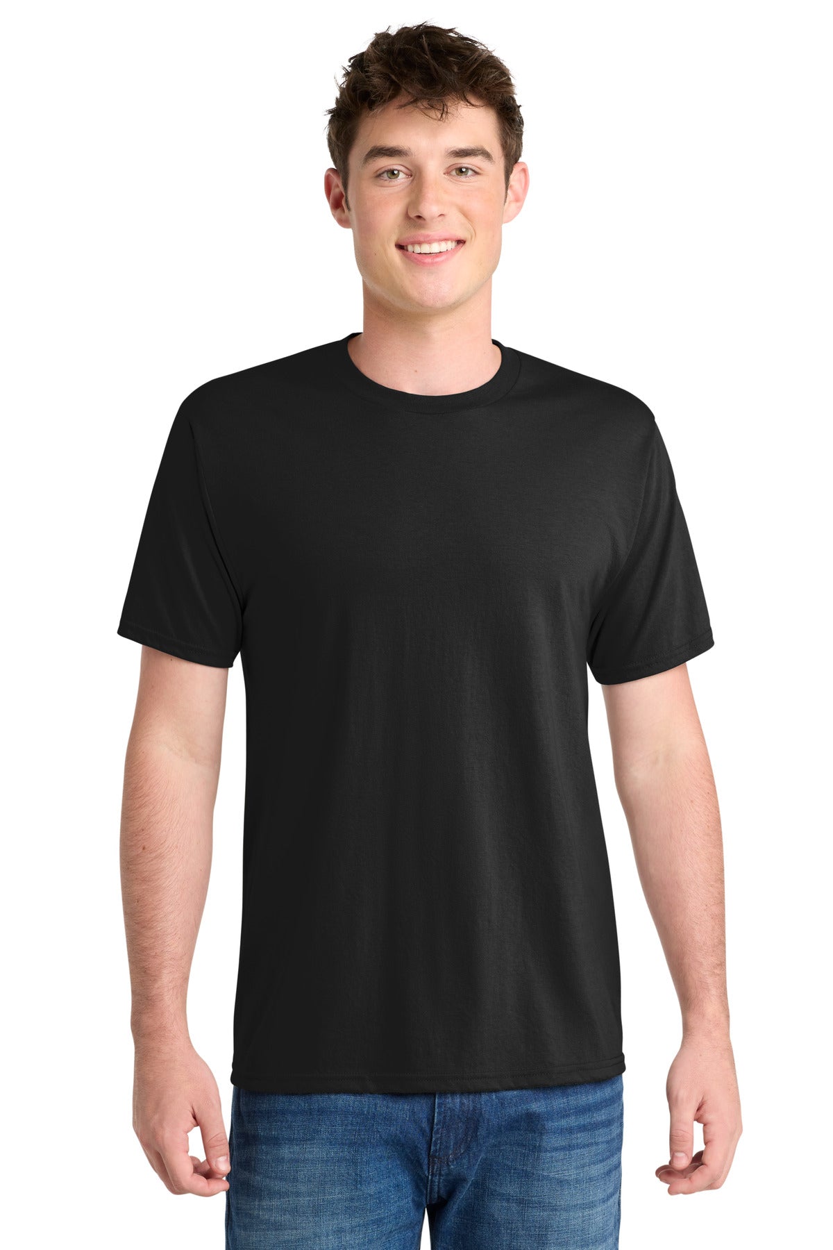 Front View of Jet Black Port & Co Performance Blend Tee. PC381 plain