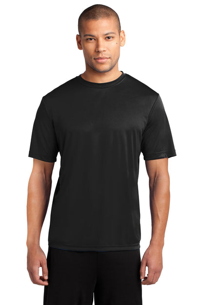 Front View of Jet Black Port & Co Performance Tee. PC380 plain