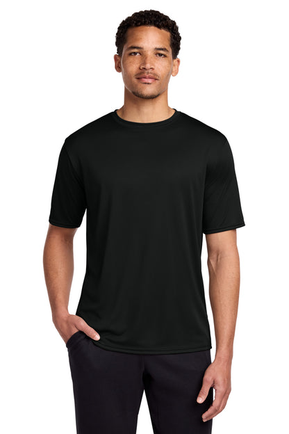 Front View of Jet Black Port & Co Performance Tee. PC380 plain