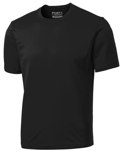 Front View of Jet Black Port & Co Performance Tee. PC380 plain