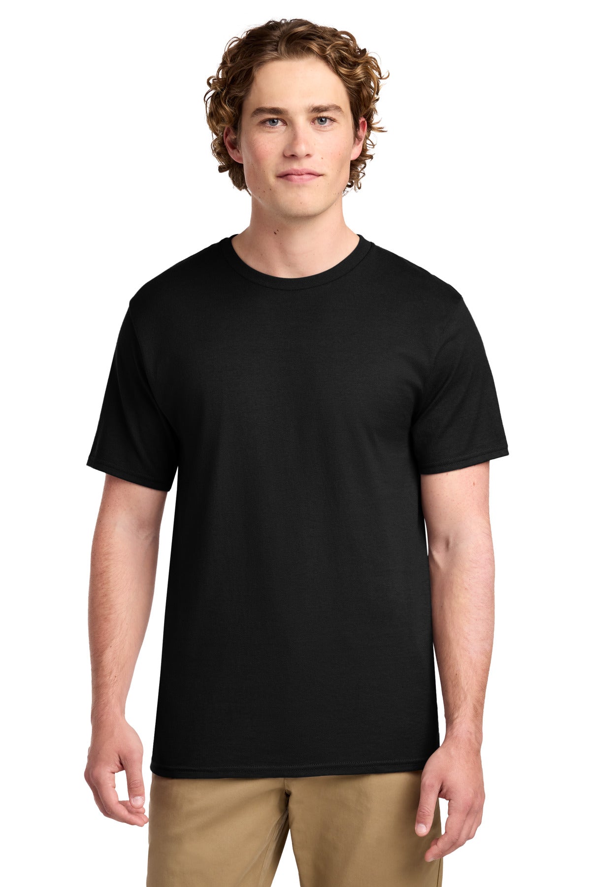 Front View of Jet Black Port & Co Ring Spun Cotton Tee. PC150 plain