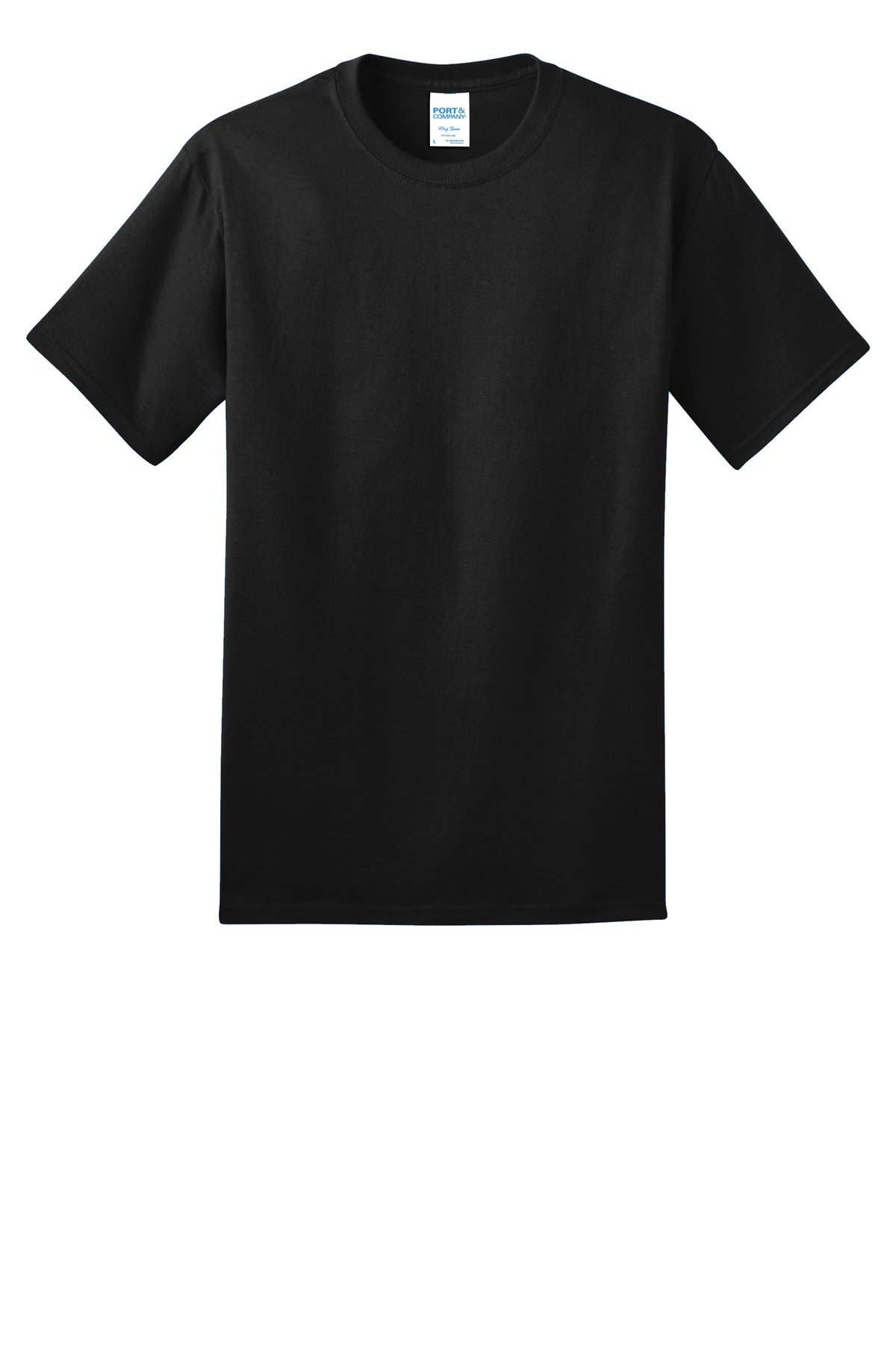 Front View of Jet Black Port & Co Ring Spun Cotton Tee. PC150 plain