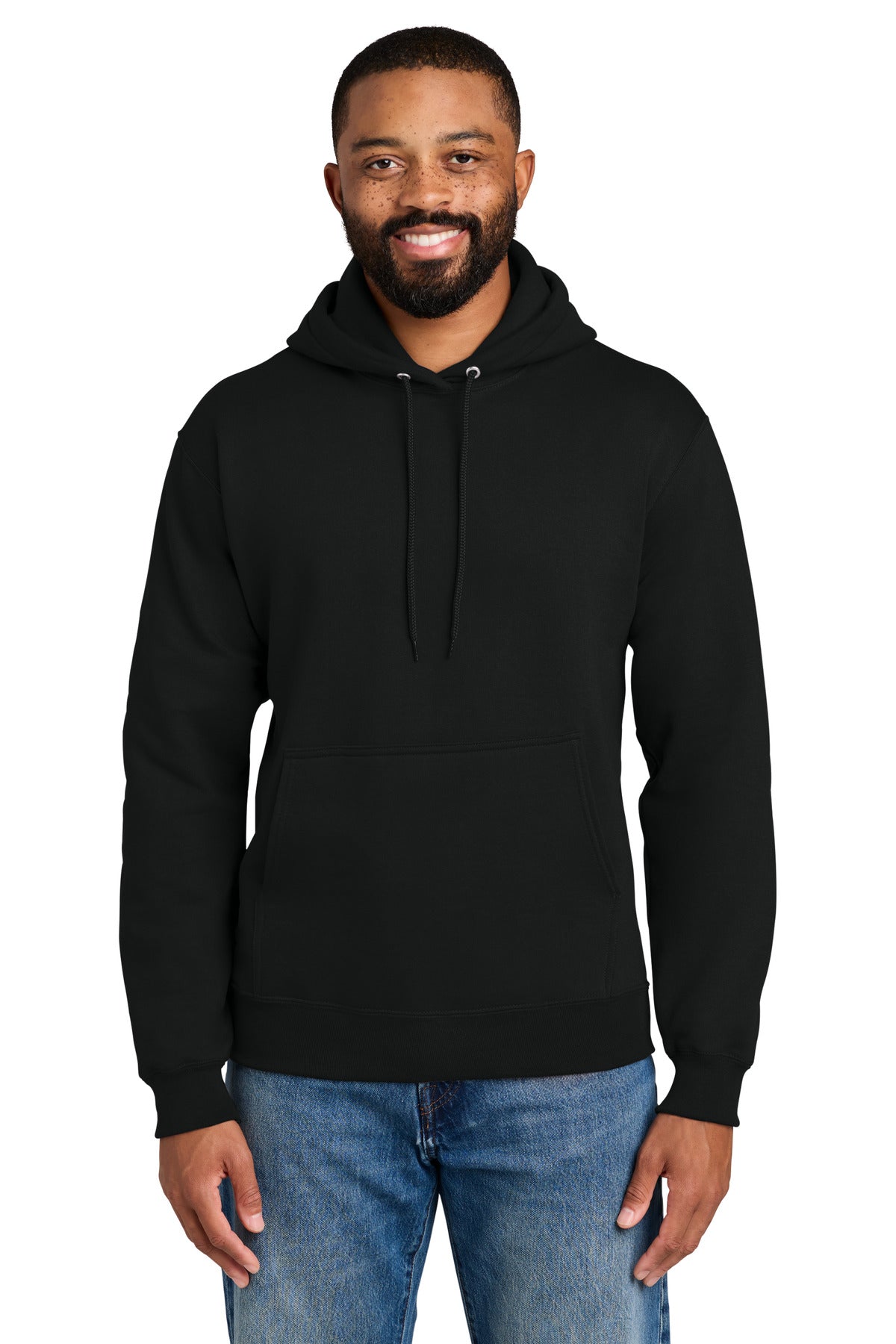 Front View of Jet Black Port & Co Tall Essential Fleece Pullover Hooded Sweatshirt. PC90HT plain