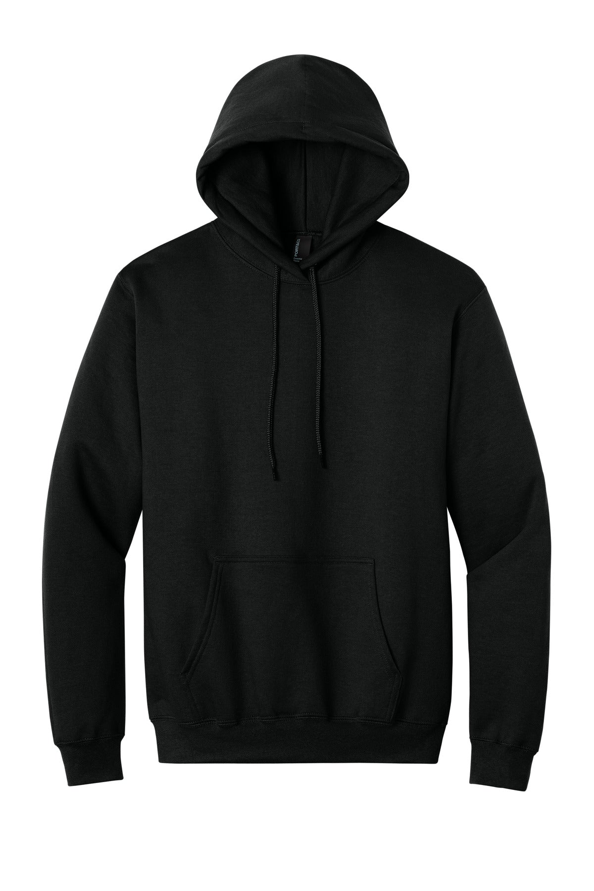 Front View of Jet Black Port & Co Tall Essential Fleece Pullover Hooded Sweatshirt. PC90HT plain