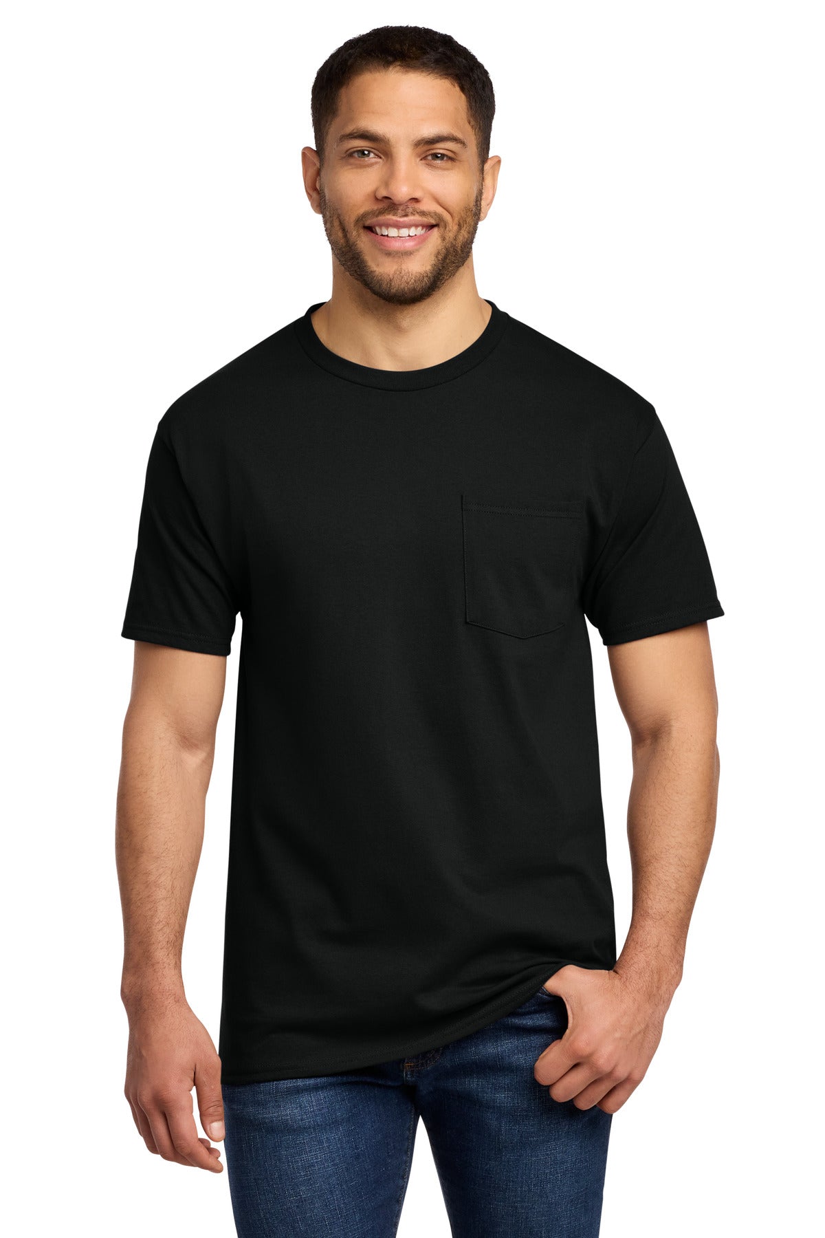 Front View of Jet Black Port & Co Tall Essential Pocket Tee. PC61PT plain