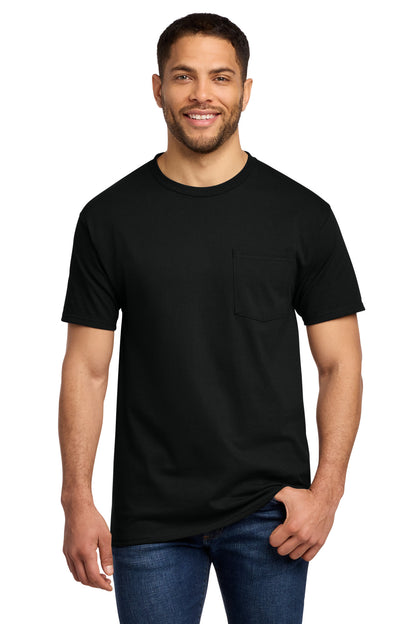 Front View of Jet Black Port & Co Tall Essential Pocket Tee. PC61PT plain