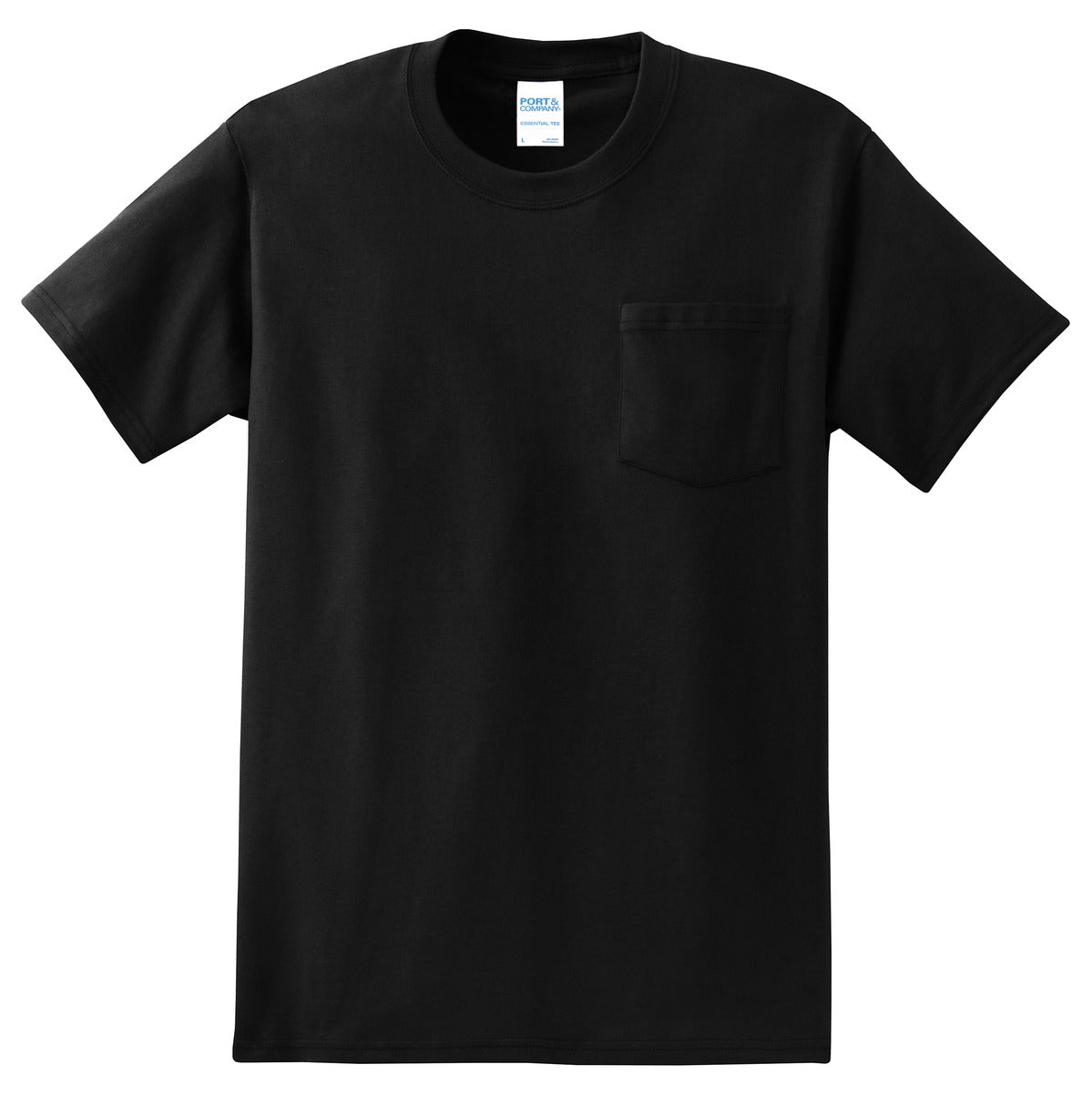 Front View of Jet Black Port & Co Tall Essential Pocket Tee. PC61PT plain