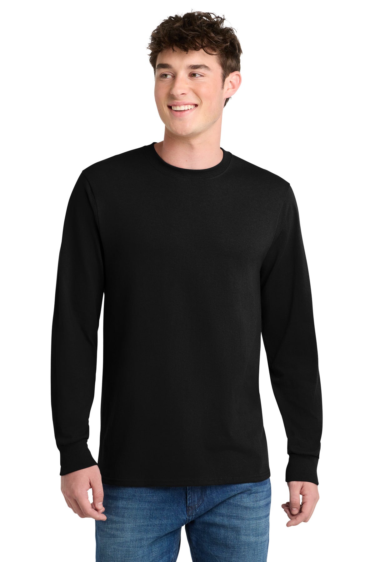 Front View of Jet Black Port & Co Tall Long Sleeve Core Blend Tee. PC55LST plain