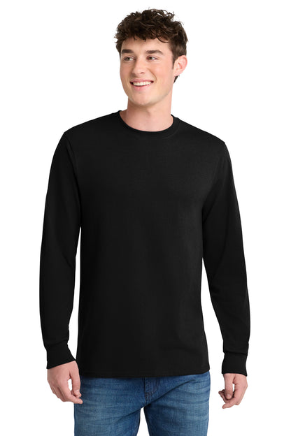 Front View of Jet Black Port & Co Tall Long Sleeve Core Blend Tee. PC55LST plain