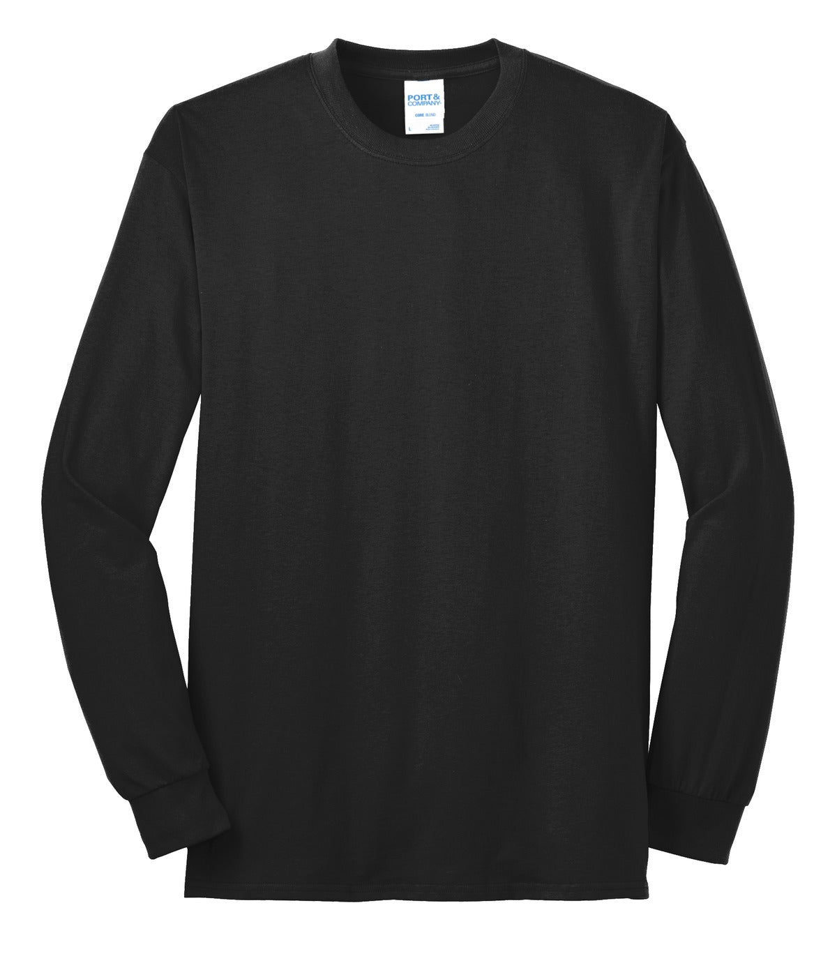 Front View of Jet Black Port & Co Tall Long Sleeve Core Blend Tee. PC55LST plain