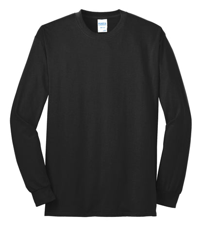 Front View of Jet Black Port & Co Tall Long Sleeve Core Blend Tee. PC55LST plain