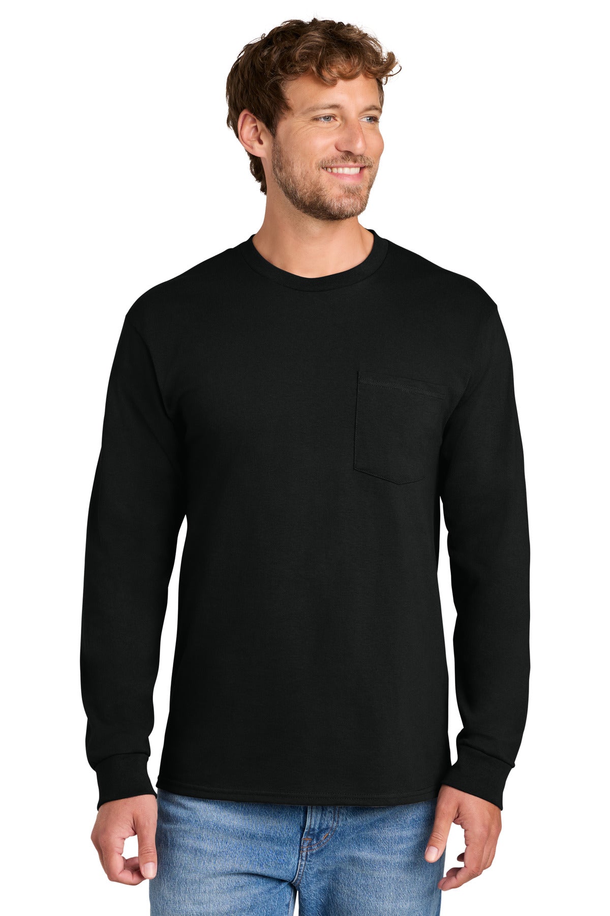 Front View of Jet Black Port & Co Tall Long Sleeve Essential Pocket Tee. PC61LSPT plain