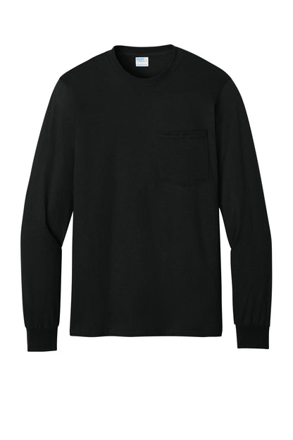 Front View of Jet Black Port & Co Tall Long Sleeve Essential Pocket Tee. PC61LSPT plain