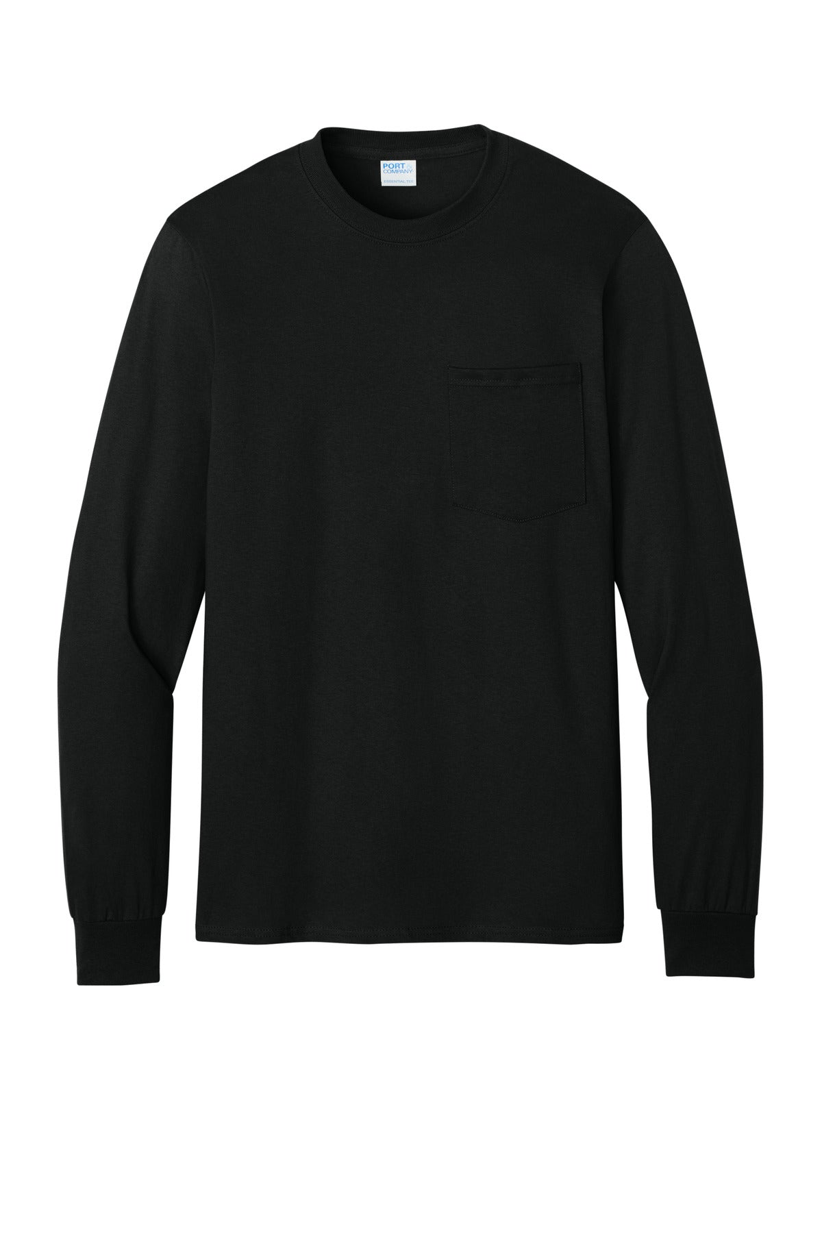 Front View of Jet Black Port & Co Tall Long Sleeve Essential Pocket Tee. PC61LSPT