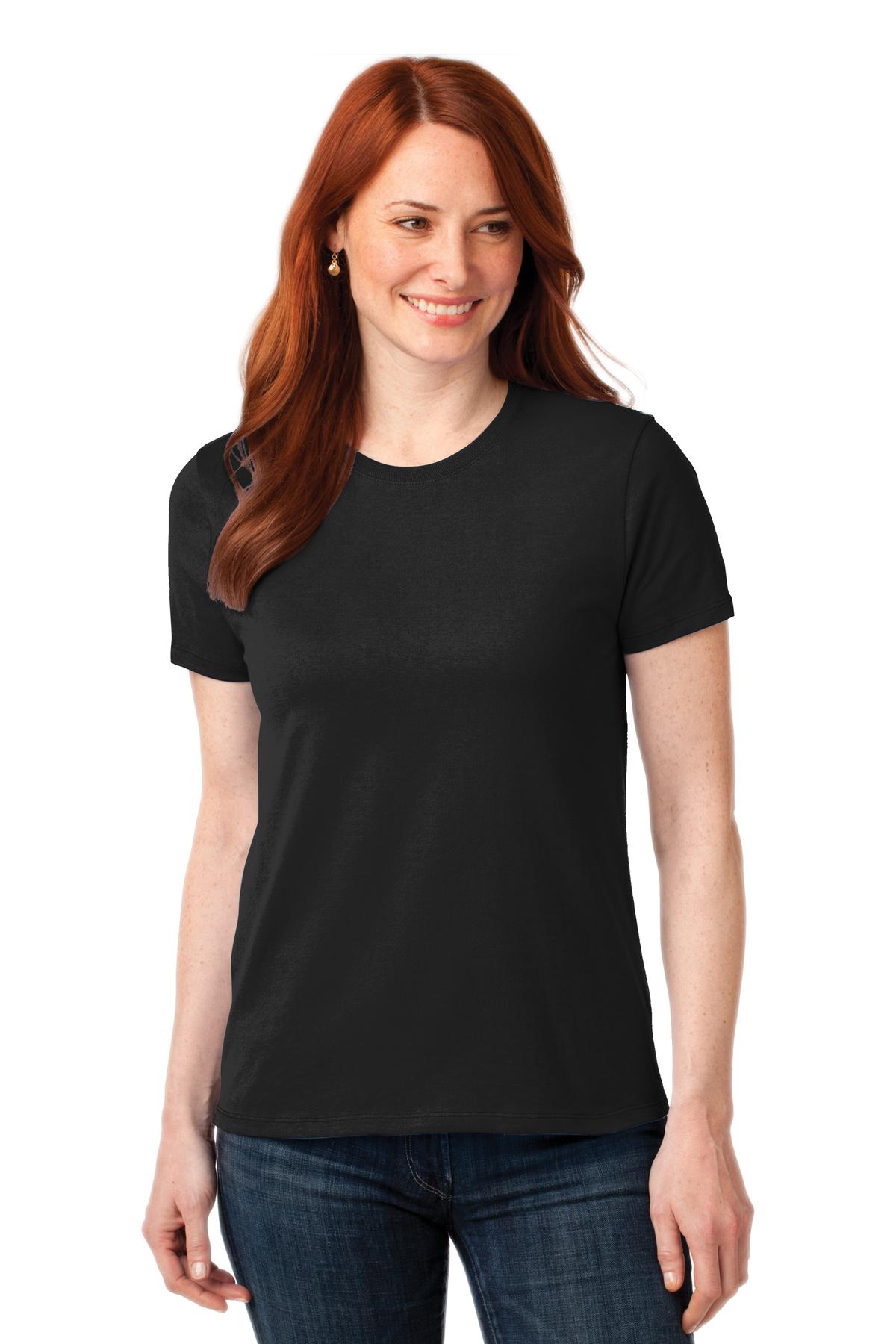 Front View of Jet Black Port & Co Women's Core Blend Tee. LPC55 plain