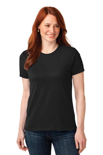 Front View of Jet Black Port & Co Women's Core Blend Tee. LPC55 plain
