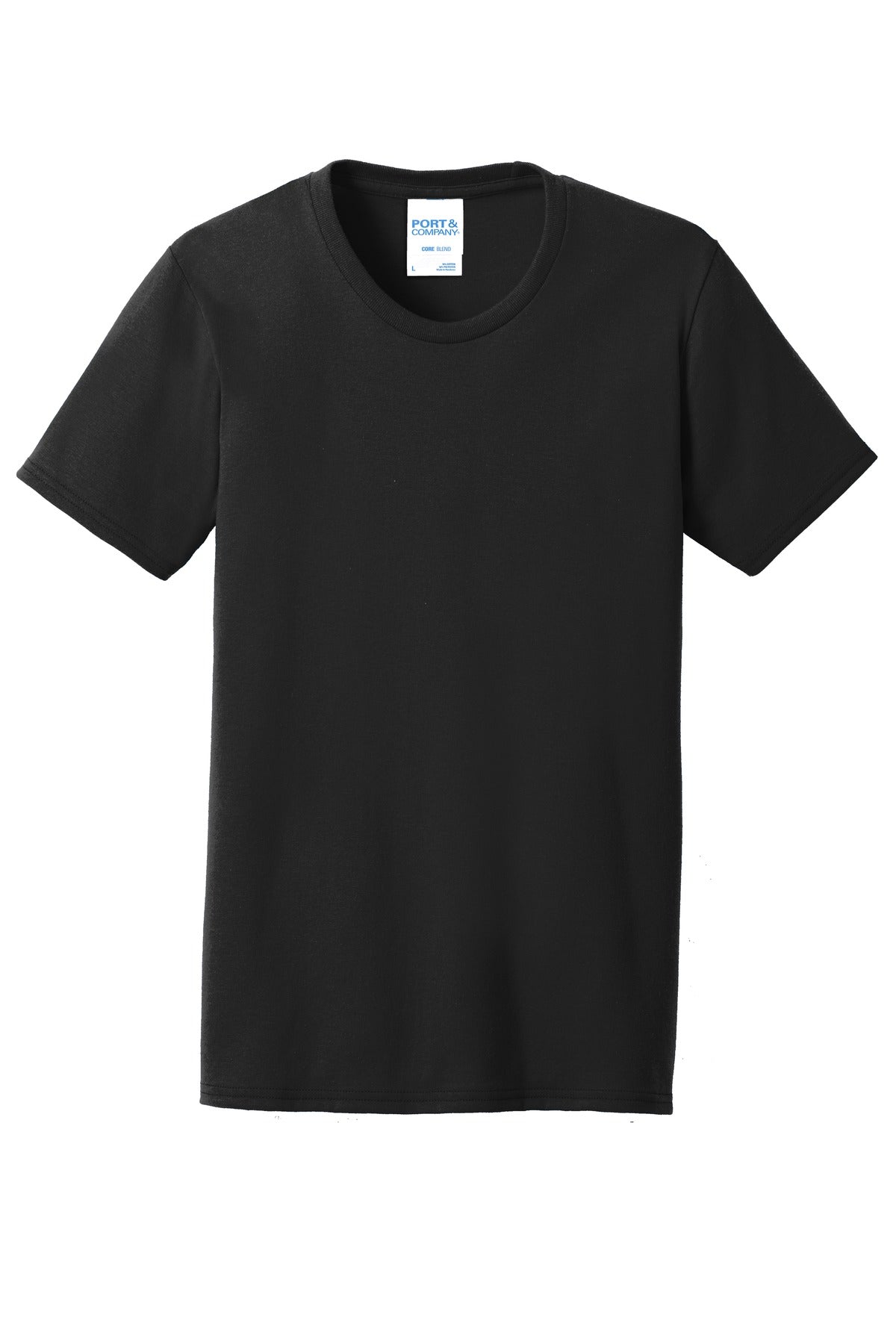 Front View of Jet Black Port & Co Women's Core Blend Tee. LPC55 plain