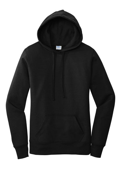 Front View of Jet Black Port & Co Women's Core Fleece Pullover Hooded Sweatshirt LPC78H plain