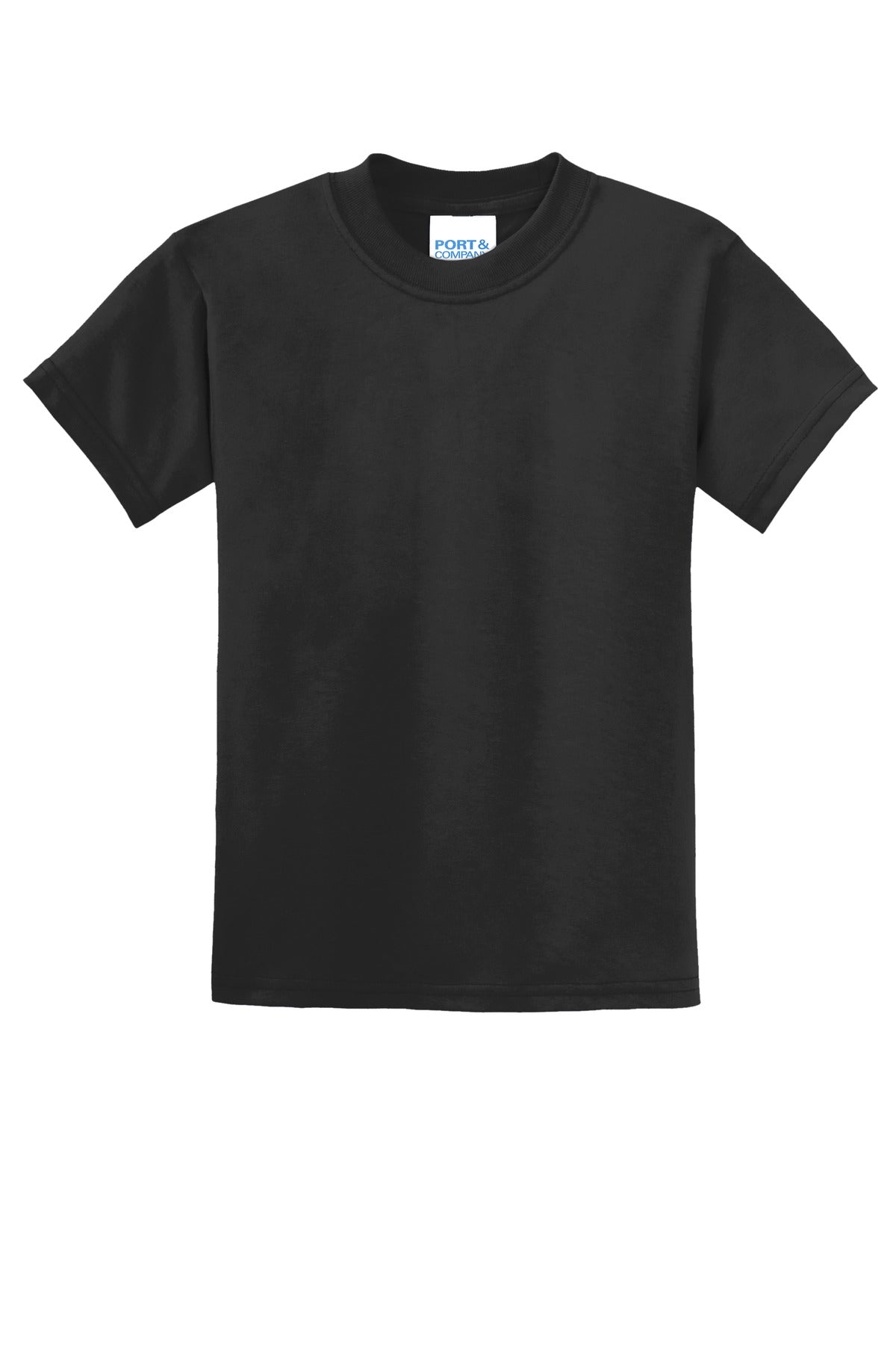 Front View of Jet Black Port & Co Youth Core Blend Tee. PC55Y plain