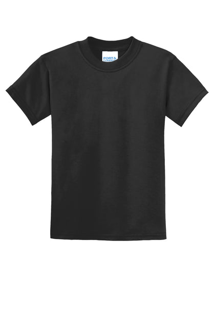 Front View of Jet Black Port & Co Youth Core Blend Tee. PC55Y plain